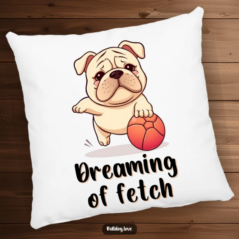 Funny Stocky Dog Pillow: Adorable wrinkled face stocky dog joyfully pursuing a colorful ball in a funny moment.