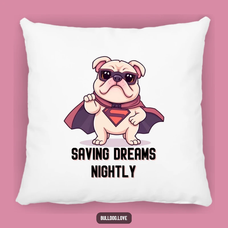 Funny Superhero Bulldog Pillow: Heroic Pose Comfort, Hilarious Gift for Champions