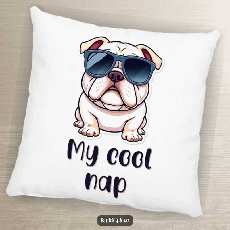 Funny bulldog pillow featuring a dog wearing oversized sunglasses, looking cool and relaxed, perfect for cozying up.