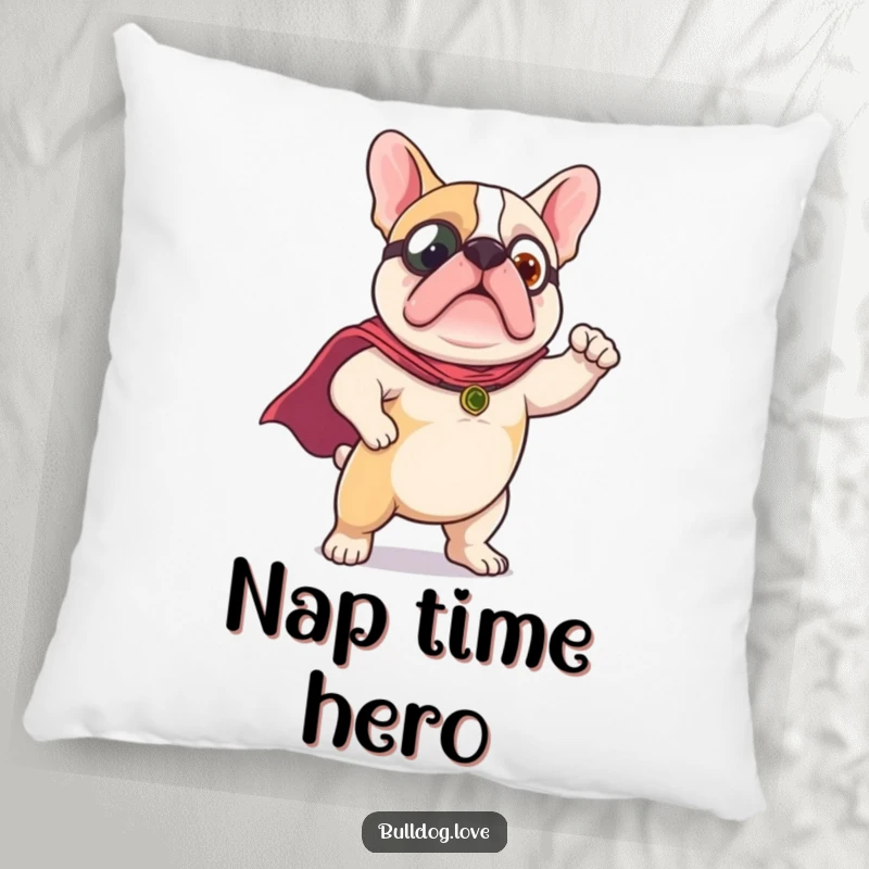Funny Pillow: A cute bulldog is illustrated wearing a small superhero cape and striking a confident, heroic pose.