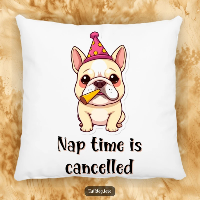 Funny bulldog in a party hat blowing a party horn, featured on a soft pillow, perfect for adding humor and comfort to any seat.