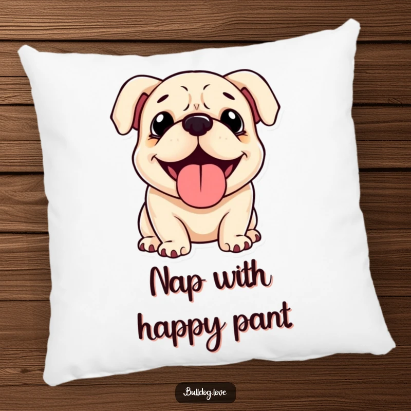 Funny Bulldog Pillow: A plush pillow depicting a happy bulldog with floppy ears, panting contentedly. Perfect funny gift.