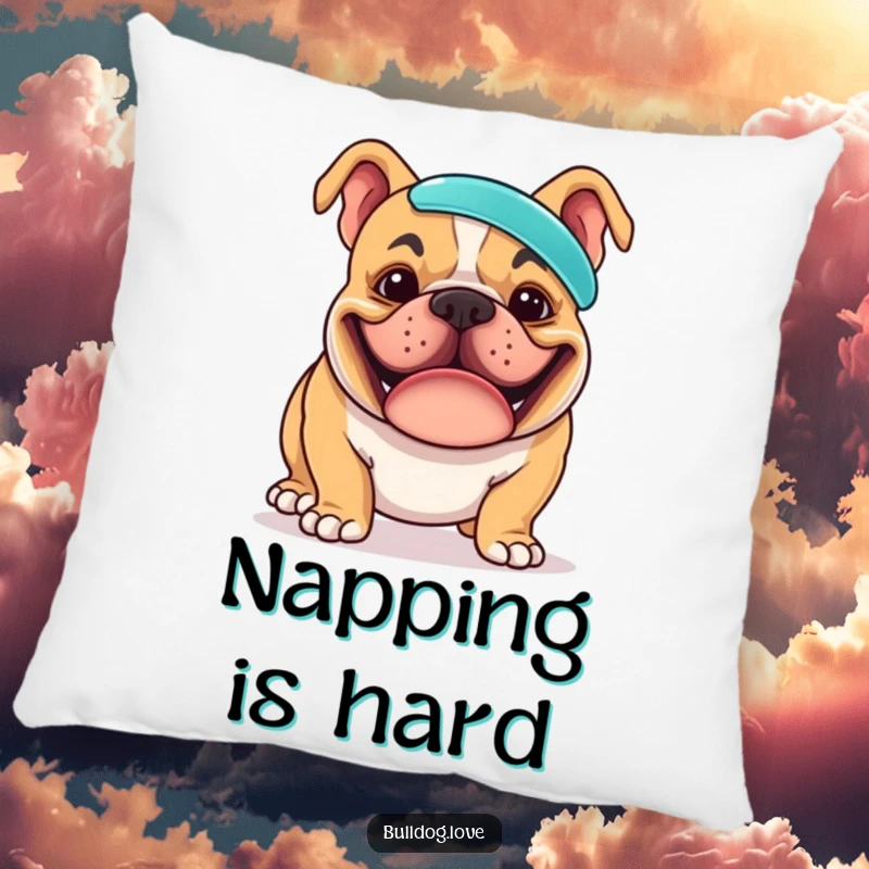 Funny pillow featuring a bulldog with a massive, goofy grin, skillfully balancing a frisbee exactly on its nose, perfect for a chuckle.