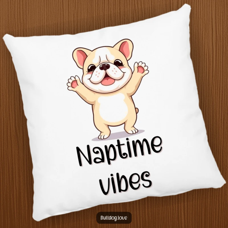 Funny pillow showcasing a bulldog caught in a moment of ecstatic dance, with paws raised high in the air.