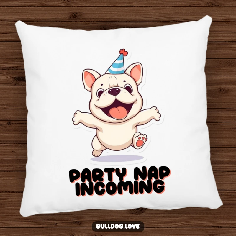 Funny party bulldog pillow, soft and decorative, showing a joyful dog in a party hat, mid-jump.
