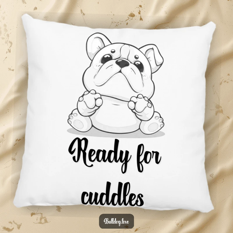 Funny Kawaii bulldog pillow showing a dog with paws up, adorably asking for a belly rub, perfect for cozy comfort.