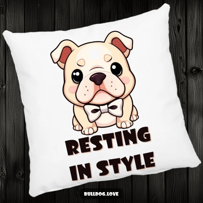 Funny pillow featuring a bulldog in a small bowtie, with a confident smirk that adds a touch of playful sophistication to decor.