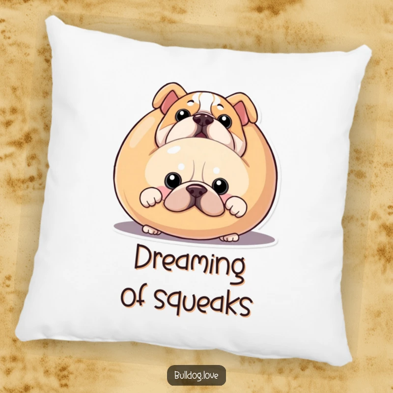Funny bulldog pillow, soft and decorative, showing a dog peeking from behind a large squeaky toy.
