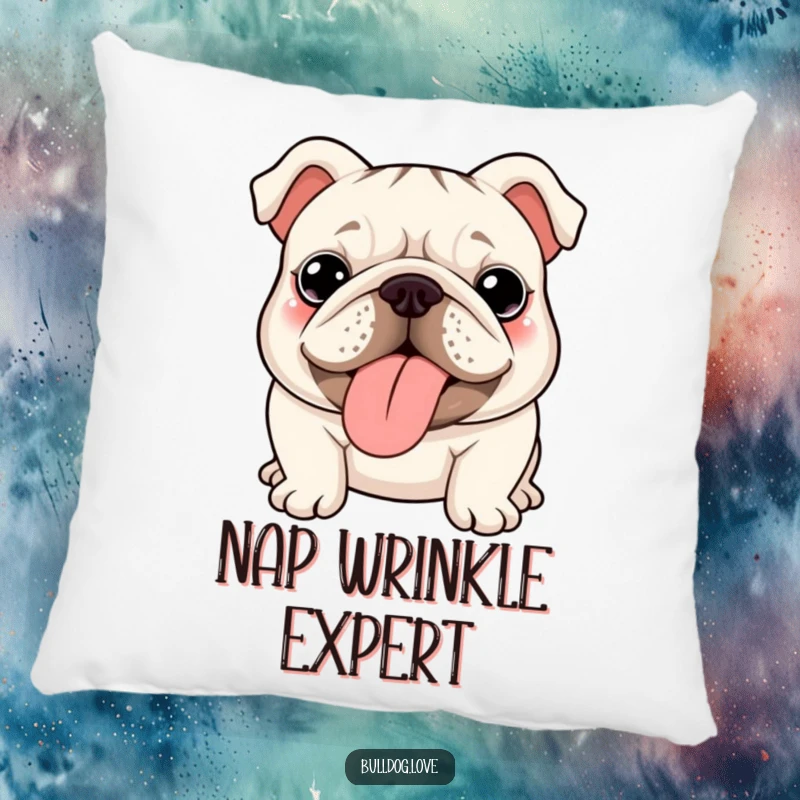 Funny kawaii bulldog pillow, soft and plush, with a charming wrinkly bulldog showing its tongue.