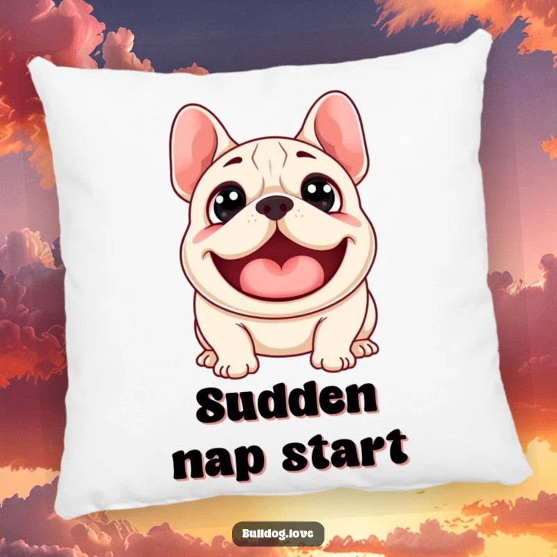 Funny pillow featuring a surprised bulldog with wide eyes, mid-woof, offering humorous comfort and a dose of pure joy.