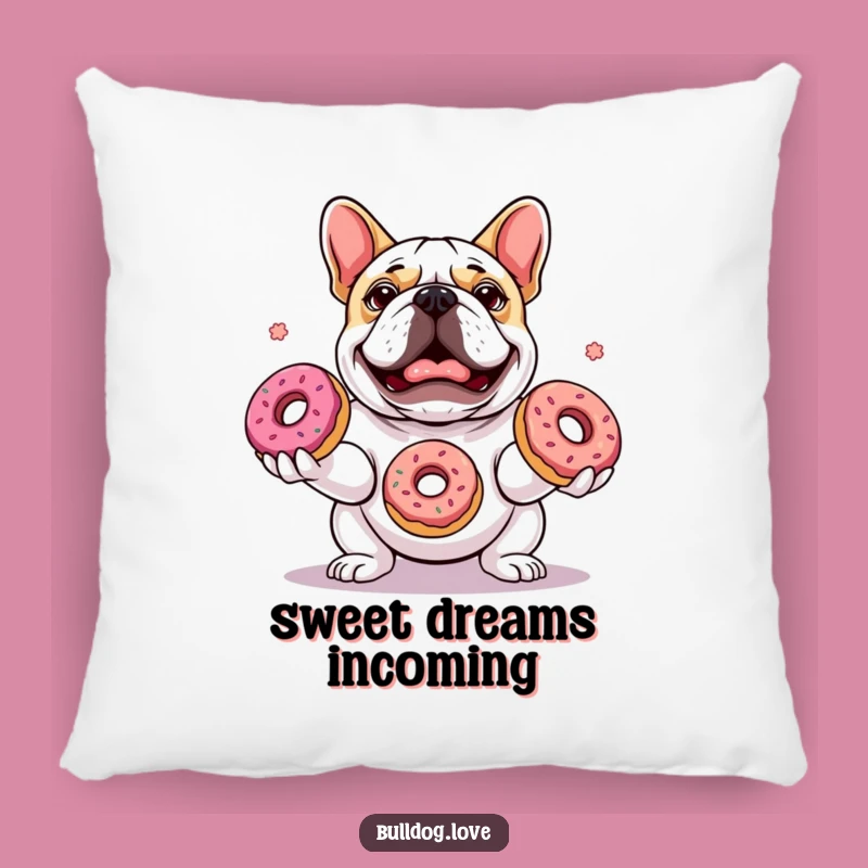 Funny Bulldog Juggling Donuts Pillow - Cozy Comfort with Comic Flair