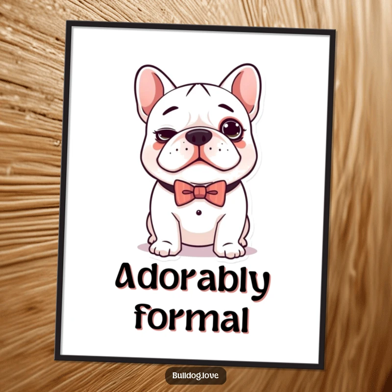 Funny digital art print of a cute kawaii bulldog with a silly expression and a dapper bow tie, full of charm.