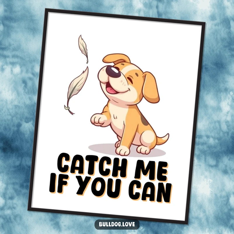 Funny Broad Snout Dog Digital Art Print: Dog with a broad snout reaching playfully to catch a feather in a comical moment.