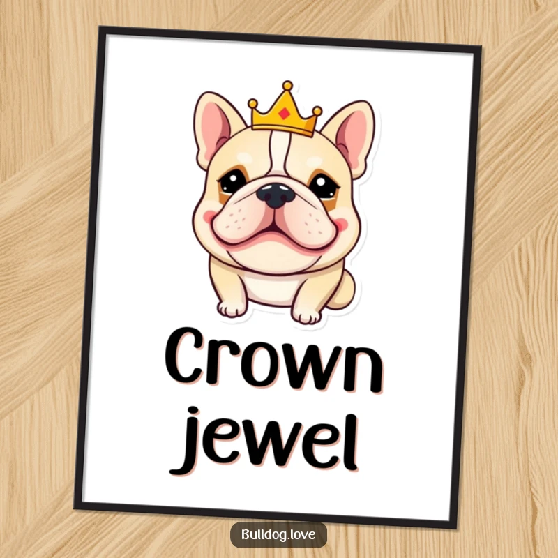 Funny bulldog digital art print of a goofy-grinning bulldog wearing a small crown, ready to be printed and displayed for regal laughs.