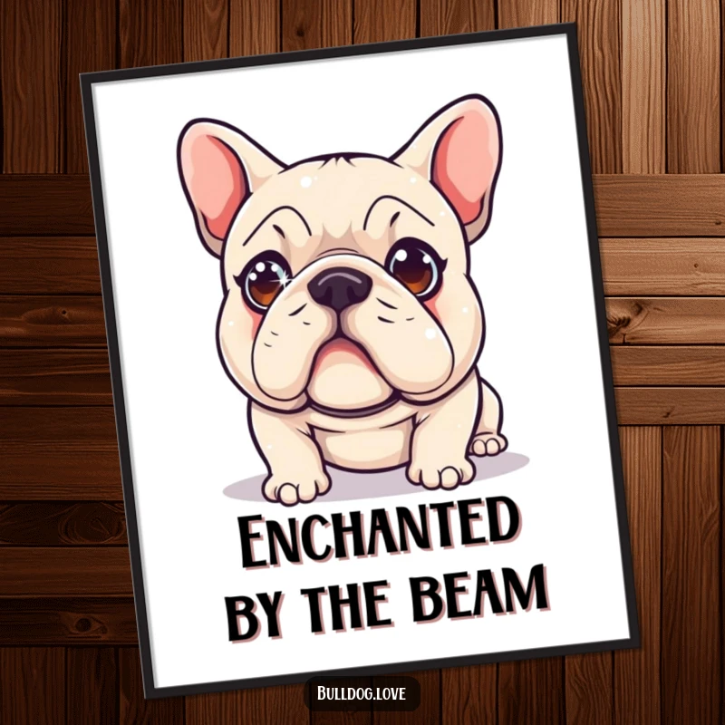 Funny Digital Art Print: A cute bulldog with sparkling eyes is depicted in a hilarious, obsessed chase after a tiny red laser dot.