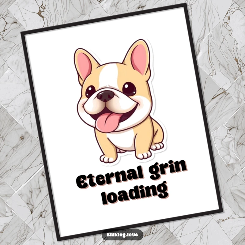 Funny Kawaii Bulldog Digital Art Print of a dog with a huge, happy panting smile, bringing instant joy.