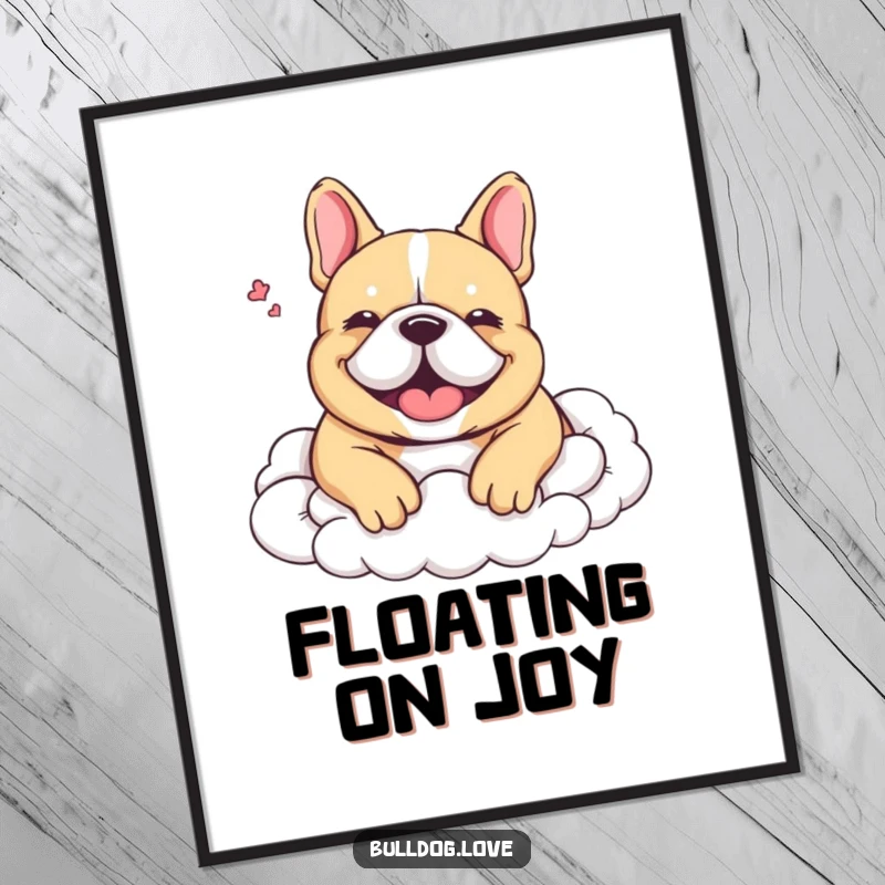 Funny Digital Art Print: A content bulldog is shown nestled peacefully in soft clouds, exhaling a happy, serene sigh.