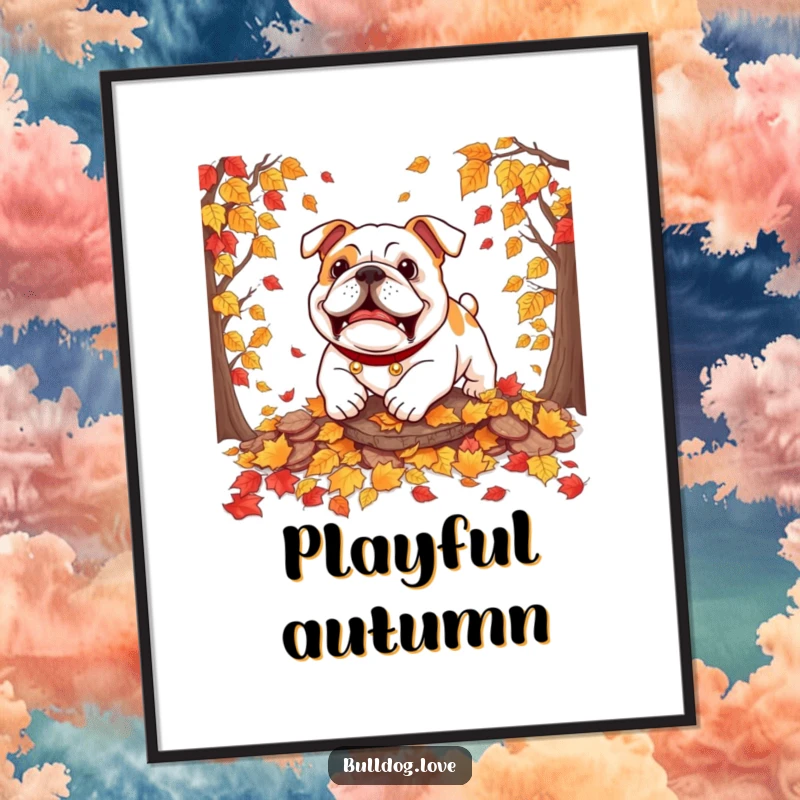 Funny bulldog digital art print of a dog playfully pouncing on autumn leaves, celebrating the fall season.