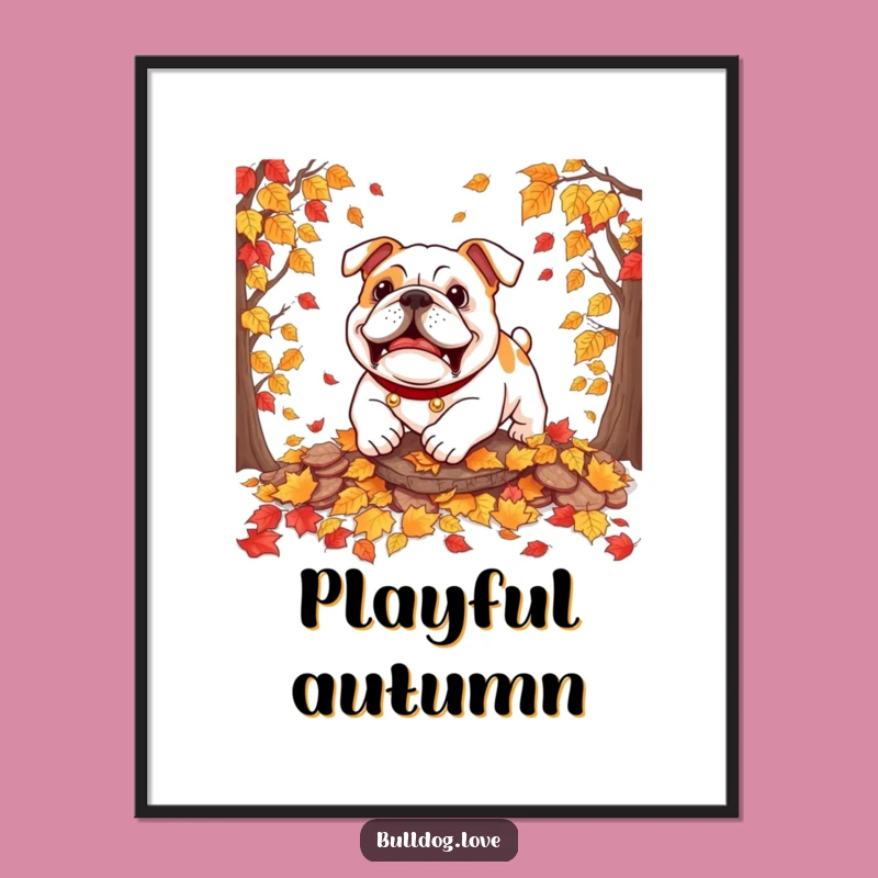 Funny Bulldog Autumn Leaves Digital Art: Playful Fall Print