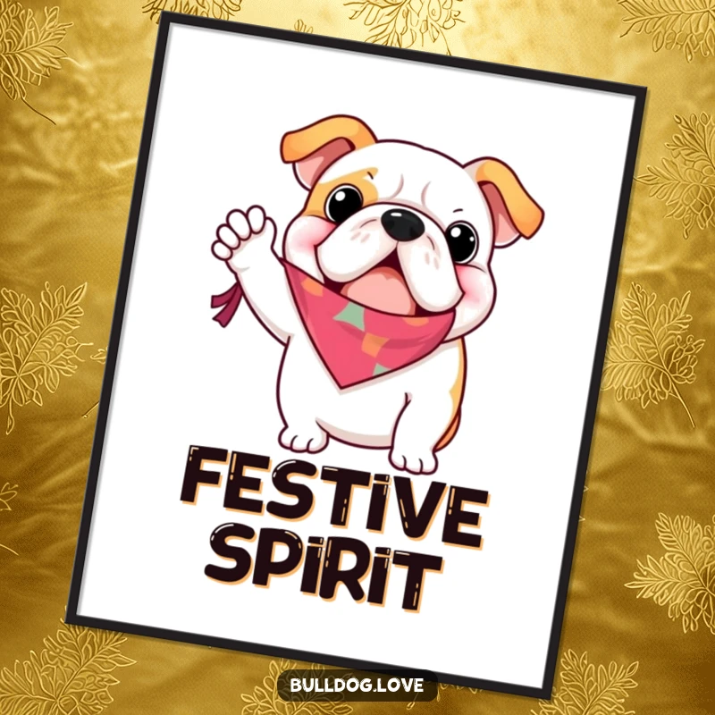 Funny digital art print, bulldog waving a colorful bandana enthusiastically, high-resolution, perfect for framing.