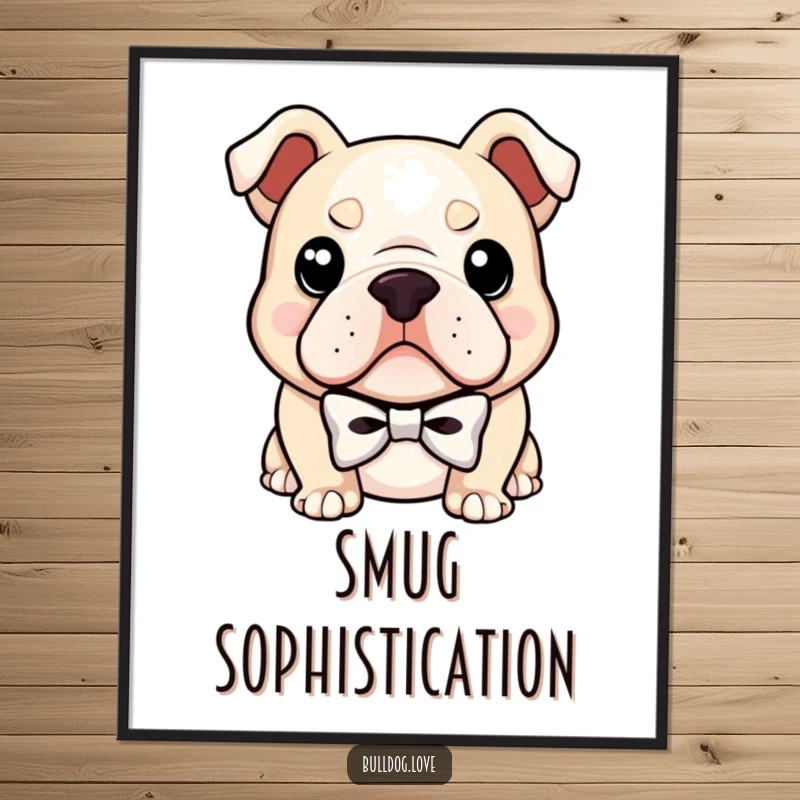 Funny digital art print of a bulldog wearing a small bowtie and a confident smirk, ready for instant download and stylish display.