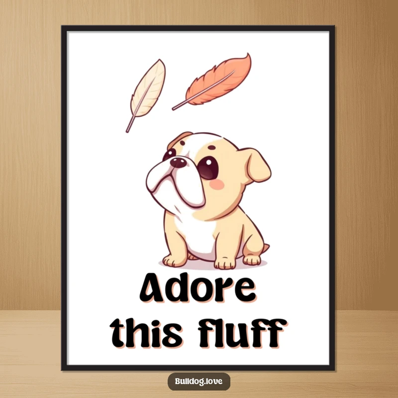 Funny digital art print, bulldog gazing adoringly at a floating feather, high-resolution, perfect for framing.