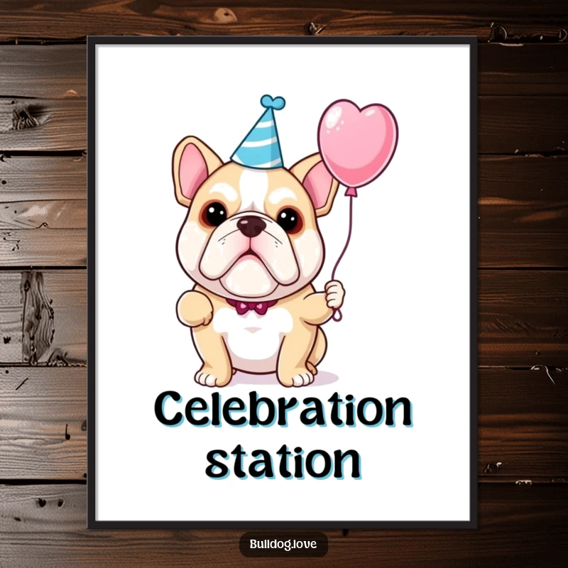 Funny bulldog party digital art print of a dog in a party hat holding a festive balloon.