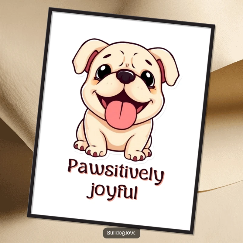 Funny Bulldog Digital Art Print: A happy bulldog with floppy ears, panting contentedly, bringing smiles. Printable funny gift.