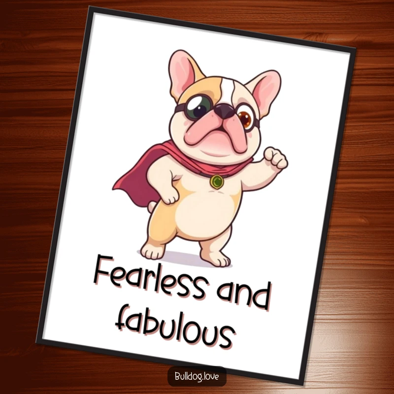 Funny Digital Art Print: A cute bulldog wearing a tiny superhero cape is depicted striking a confident, heroic pose.
