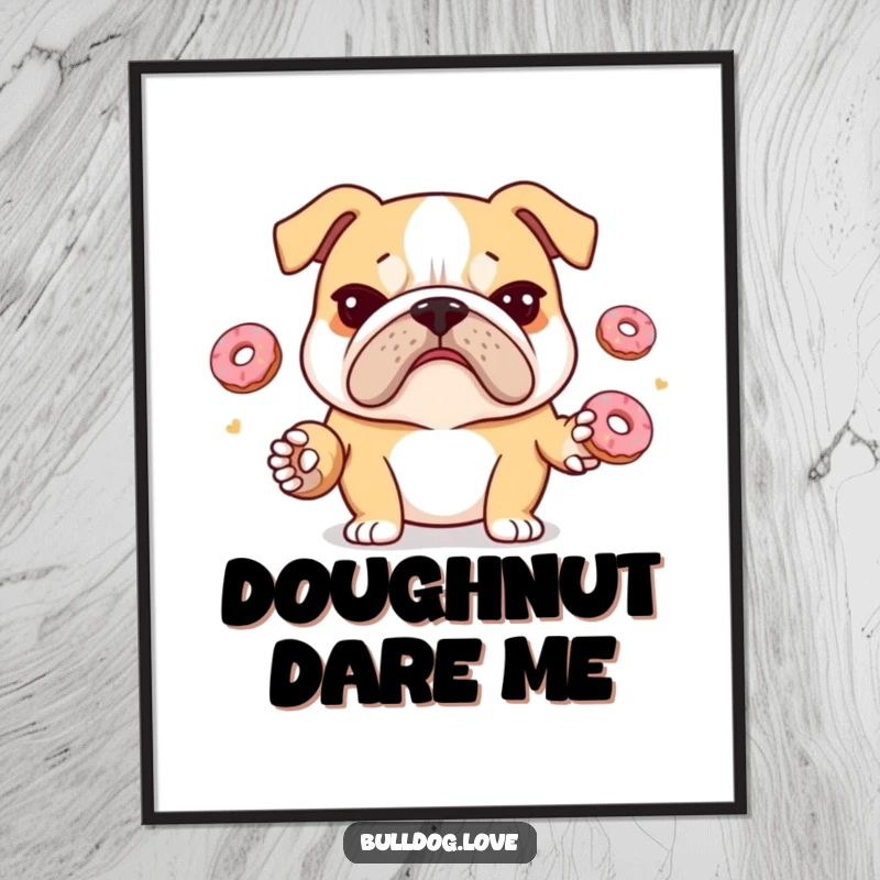 Funny bulldog digital art print of a stressed bulldog with a furrowed brow juggling tiny donuts, ready to be printed for humorous decor.