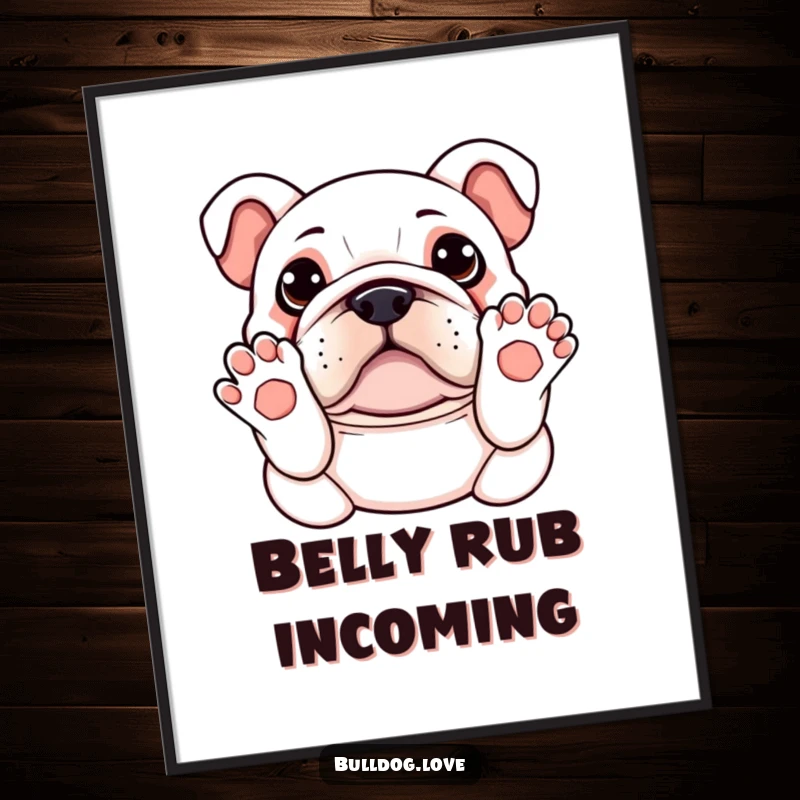 Funny Kawaii Bulldog Digital Art Print of a dog with paws up, adorably asking for a belly rub, perfect for instant charming decor.