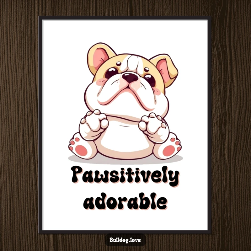 Funny Kawaii bulldog digital art print of a dog with paws up, adorably asking for a belly rub, radiating charm.
