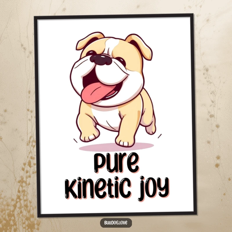 Funny Kawaii bulldog digital art print of a dog running enthusiastically with its tongue out, capturing motion and joy.