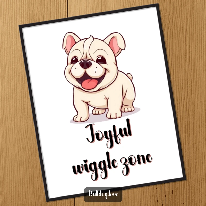 Funny Kawaii Bulldog Digital Art Print of a dog in a joyful, clumsy wiggle, bringing instant amusement.