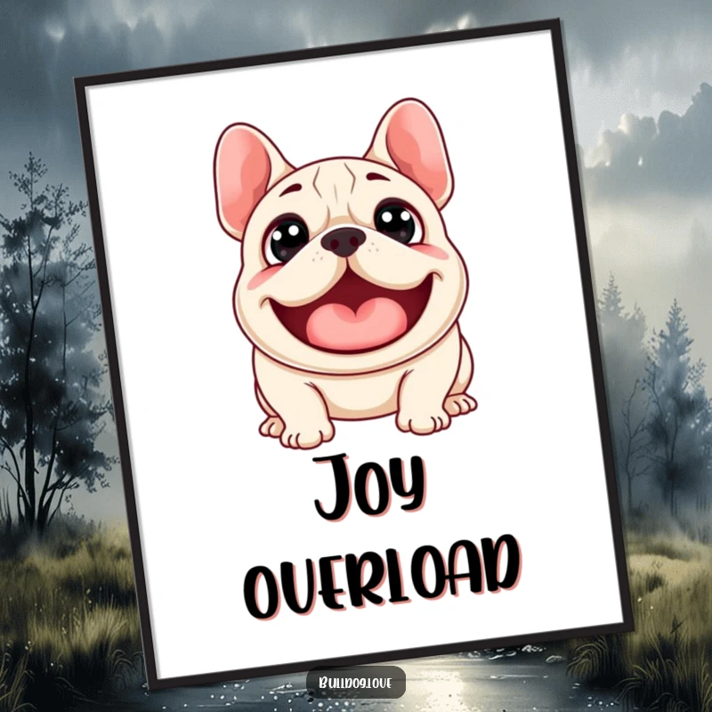 Funny digital art print of a surprised bulldog with wide eyes, mid-woof, capturing a moment of hilarious, pure joy.