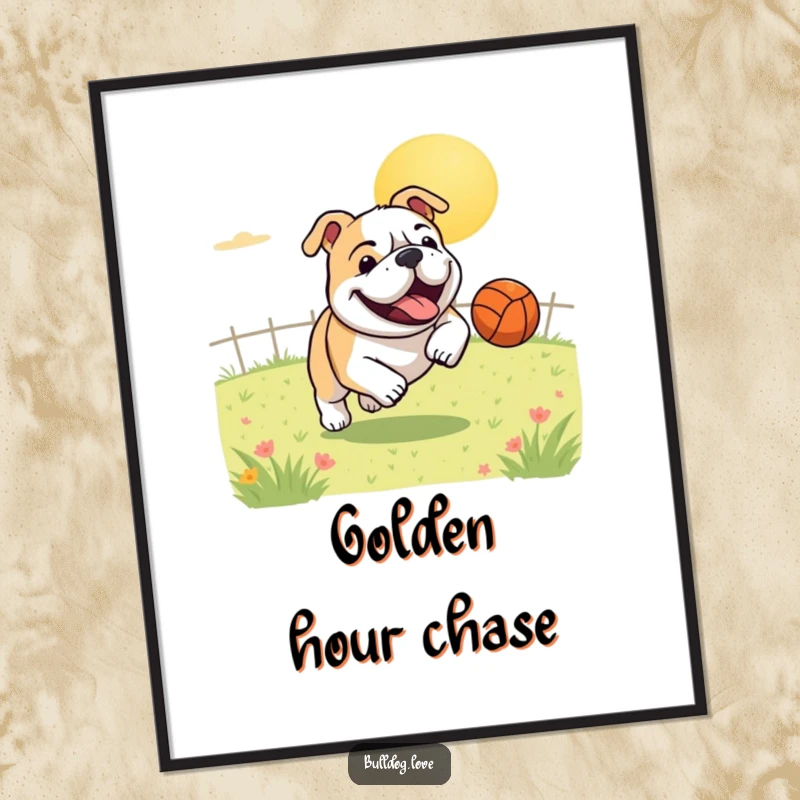 Funny digital art print of a gleeful bulldog in full chase, joyfully pursuing a bouncing ball across a sunny field, ready for instant download.