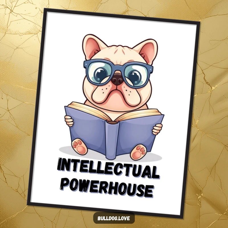 Funny bulldog digital art print of a bulldog in oversized glasses reading a large book, ready to be printed for scholarly laughs.