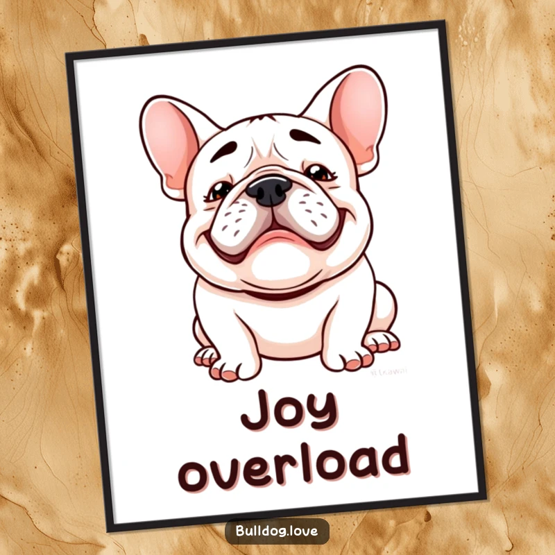 Funny Kawaii bulldog digital art print featuring a happy dog with a goofy grin and floppy ears bouncing, perfect for instant cheer.