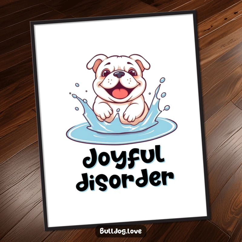 Funny bulldog puddle digital art print of a dog gleefully splashing with abandon in a muddy puddle.