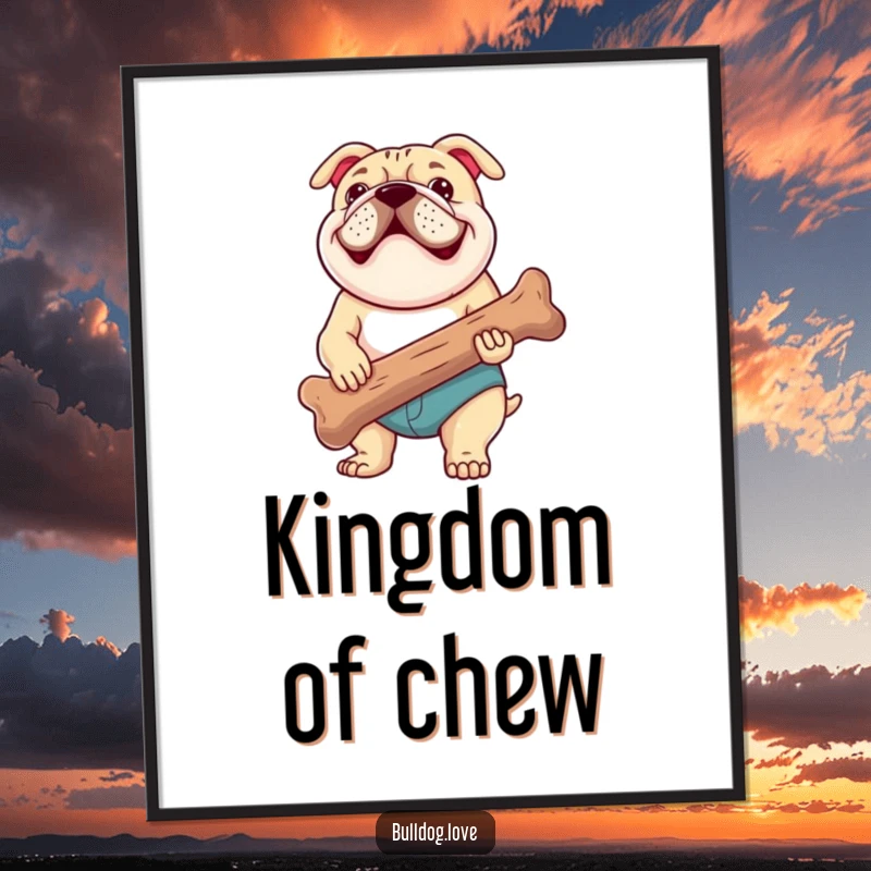 Funny digital art print of a happy bulldog panting joyfully, proudly holding a huge, well-chewed bone, perfect for immediate download and display.