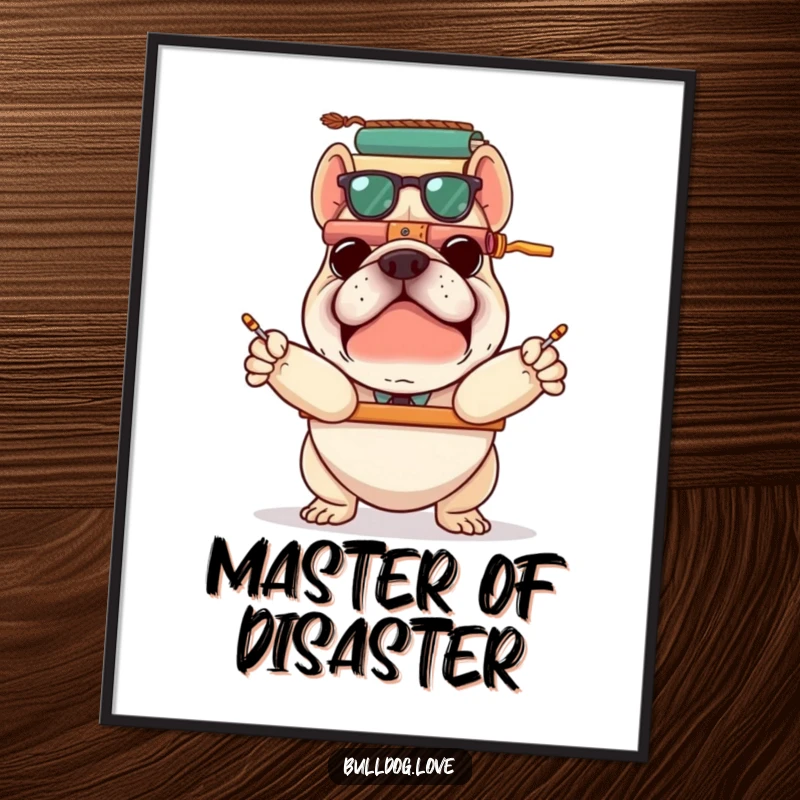 Funny bulldog attempting a precarious balance of stacked items, as a digital art print, bringing quirky humor and visual interest to any room.