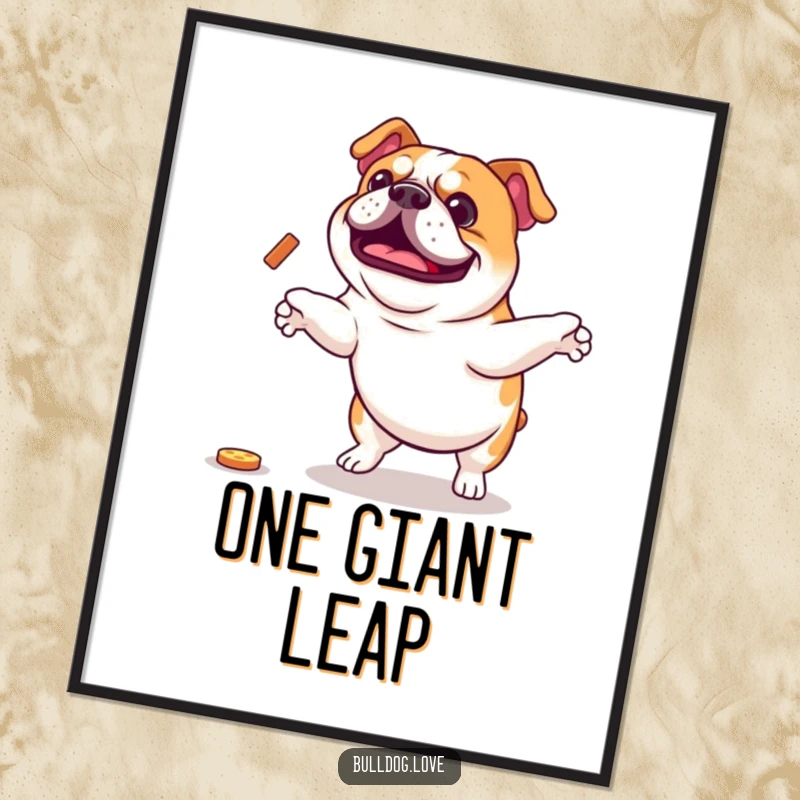 Funny Bulldog Digital Art Print: An excited bulldog mid-jump for a treat, capturing pure joy. Printable funny gift.