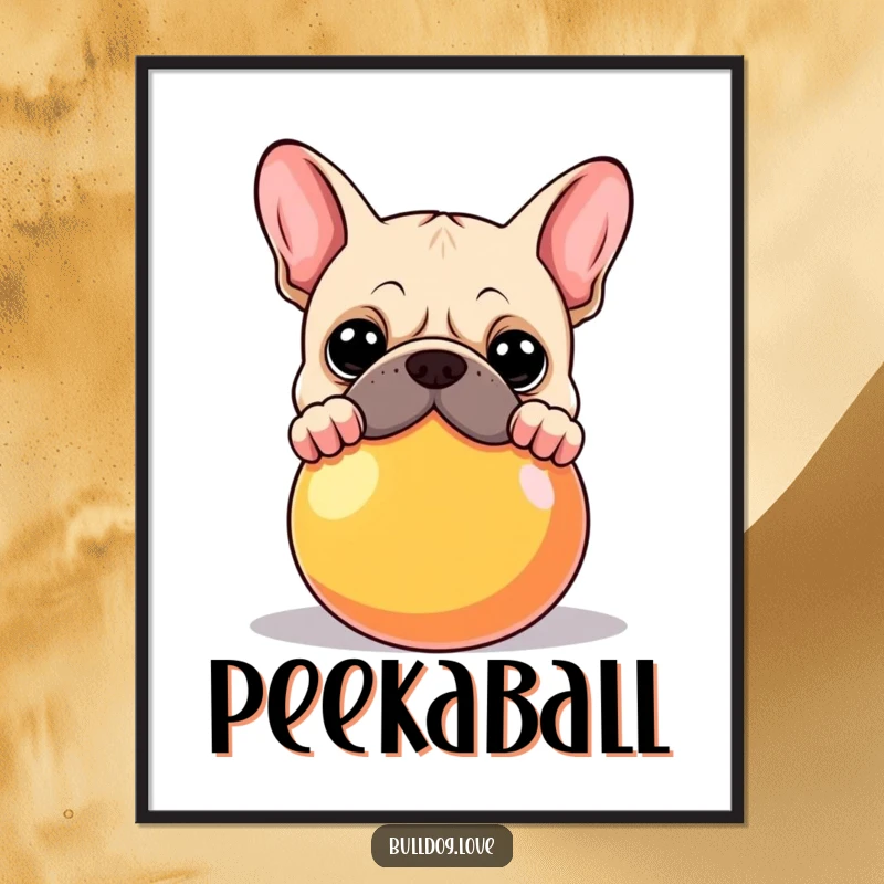 Funny Bulldog Digital Art Print: A bulldog peeking over a large, colorful ball, ready for fun. Printable funny gift.