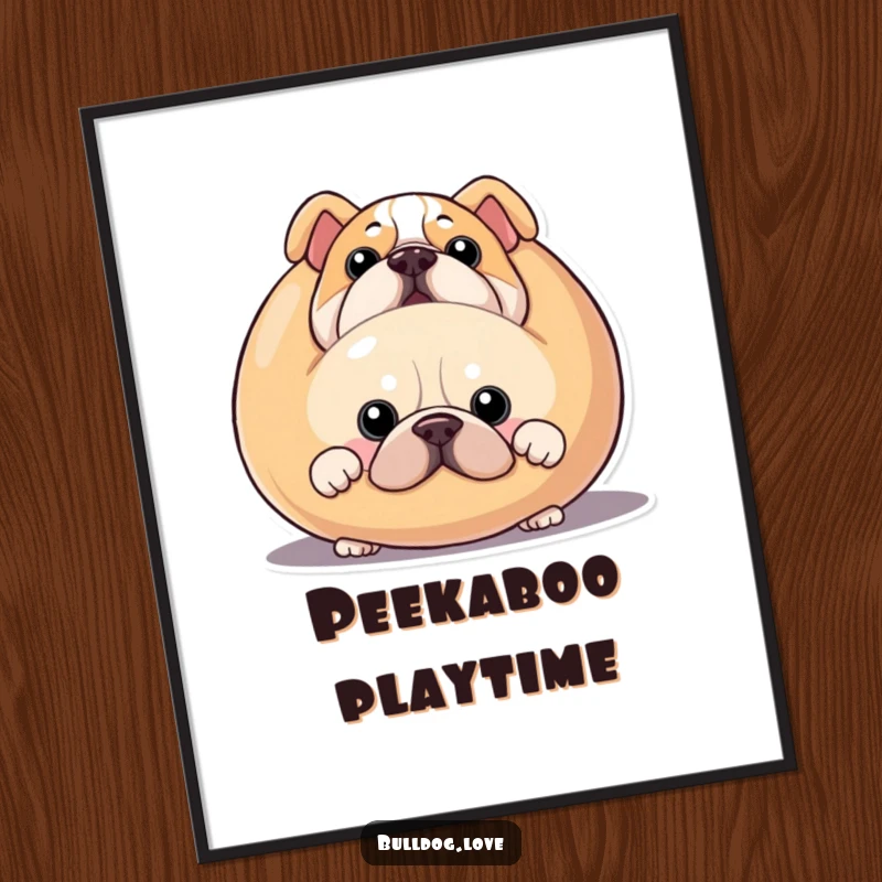 Funny bulldog digital art print, printable decor, showing a dog peeking from behind a large squeaky toy.