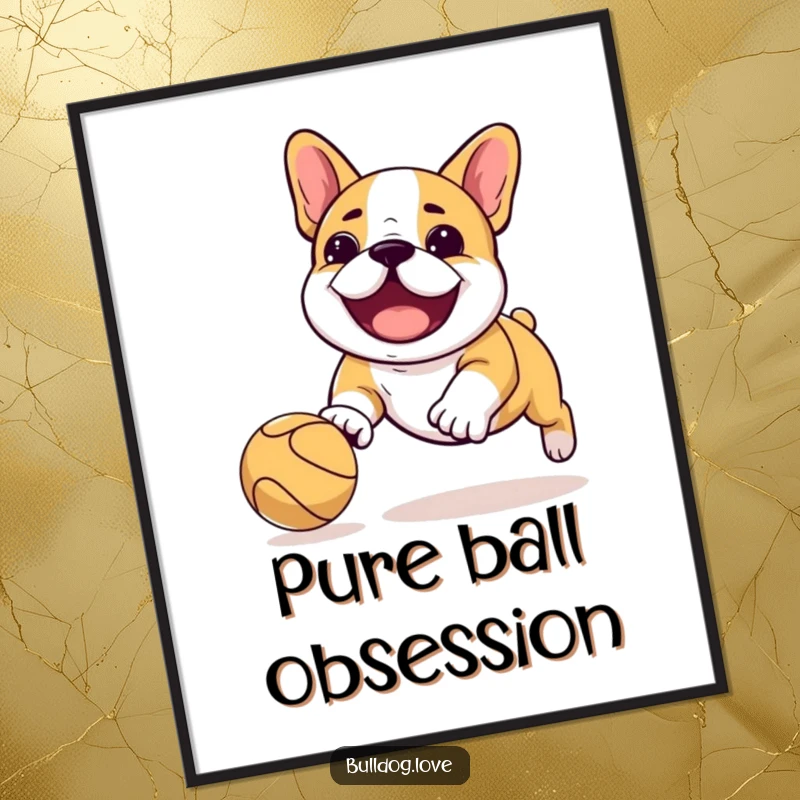 Funny Kawaii bulldog digital art print of a dog playfully chasing a bouncing ball, capturing pure, unadulterated fun.