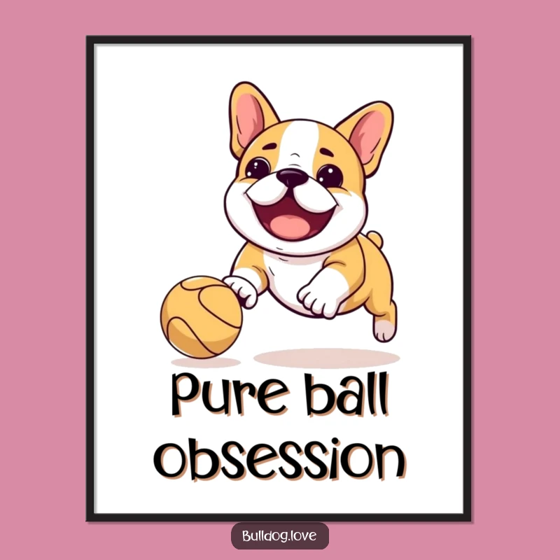 Funny Kawaii Bulldog Digital Print: Ball Chase Playful Art Gift