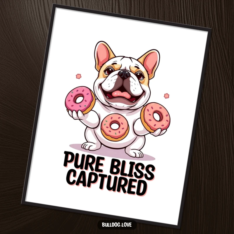Funny digital art print of a focused bulldog with pure delight, masterfully juggling three vibrant donuts.