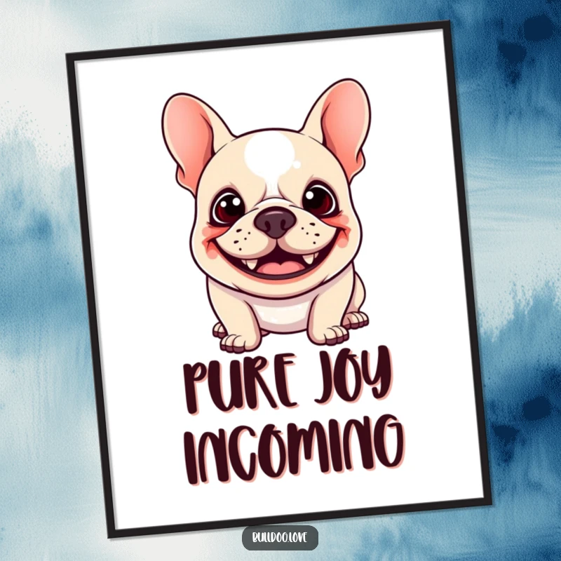 Funny Kawaii Bulldog Digital Art Print of a happy dog with a goofy grin and floppy ears bouncing, perfect for instant humorous decor.