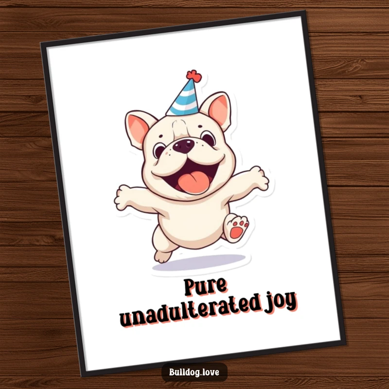 Funny party bulldog digital art print, printable decor, showing an excited dog in a party hat, jumping.