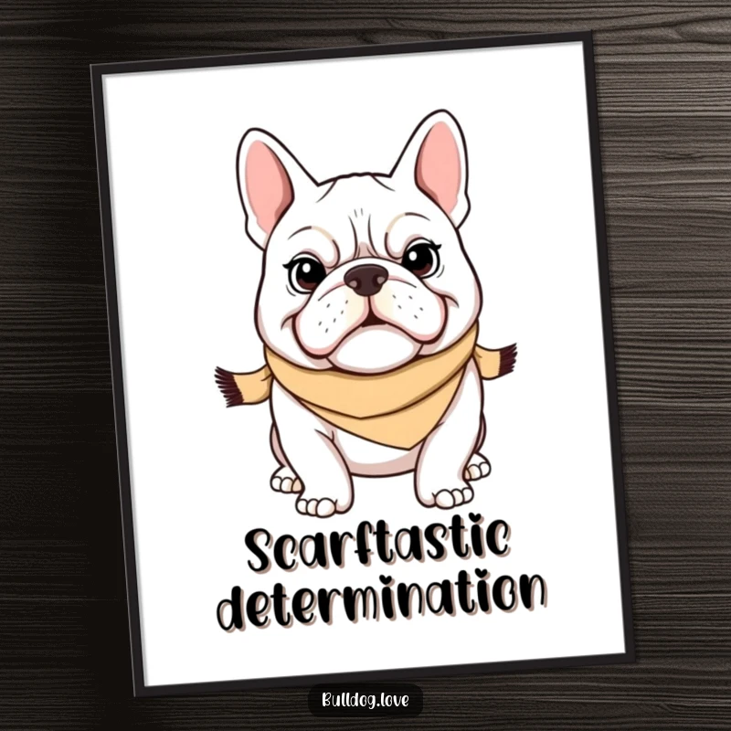 Funny Bulldog Digital Art Print: A determined bulldog wearing a tiny scarf and sporting a confident grin, printable wall art. Perfect funny gift.